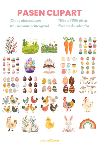 Pasen clipart - kleurrijke eieren, paashazen, kippen en meer